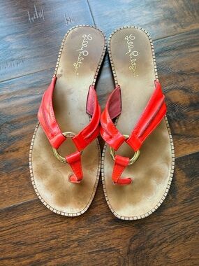 Lilly Pulitzer Red Leather Ring-Detail Thong Sandals